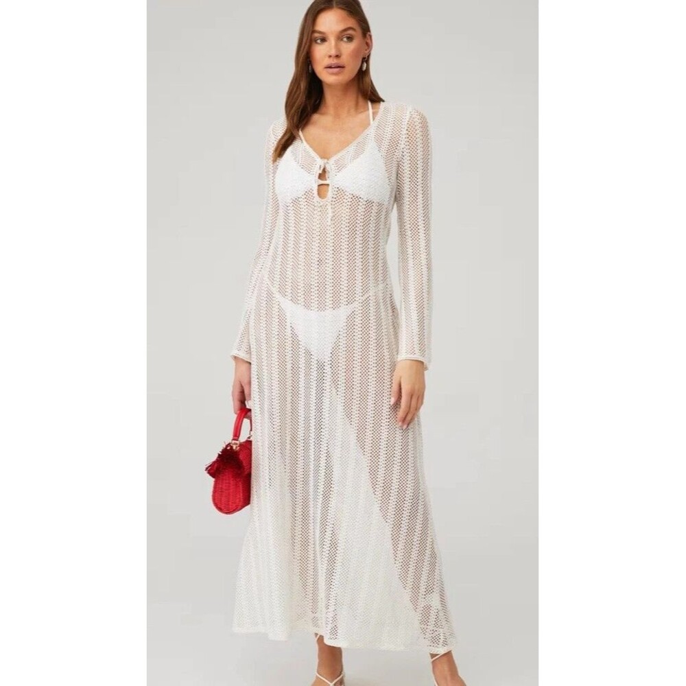 Show Me Your MuMu White Sheer Knit Long Sleeve Swim Coverup